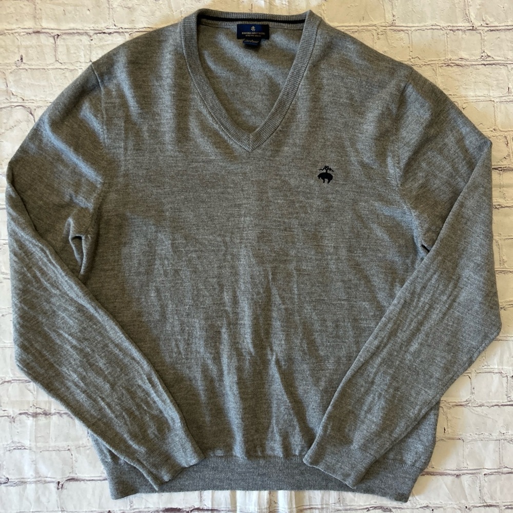 Brooks Brothers Men’s Merino Wool V-Neck Long Sleeve Sweater Gray Large Classic